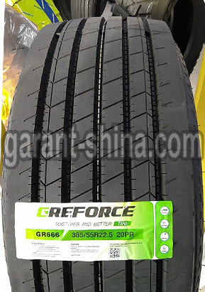 Greforce GR666 (руль/прицеп) 385/55 R22.5 160K 20PR - Фото протектора с этикеткой вблизи